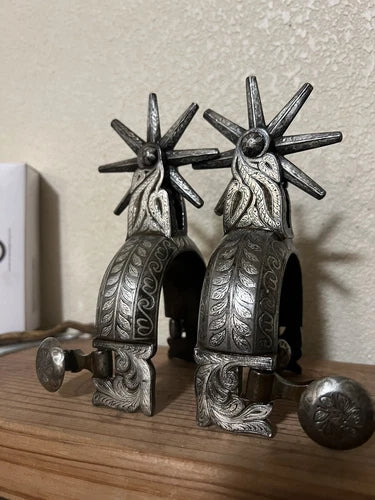Antique Pair of Mexican Spurs Unique Design on Metal And Original Leather