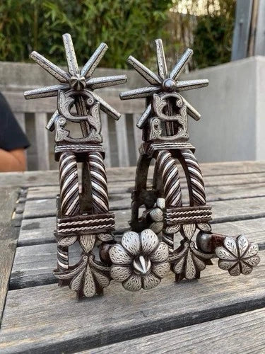 Antique Mexican Charro Iron Spurs with Silver Overlay and Large Rowels