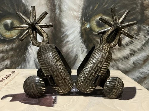 Antique Mexican Charro Double Mounted Silver Overlay Cowboy Spurs