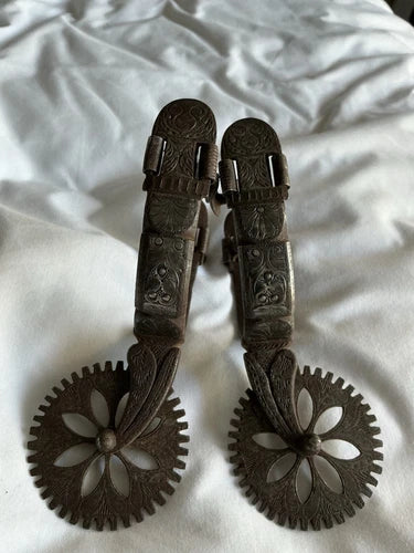 Antique Spanish Colonial Mexican Iron Spurs, Copper/Brass inlay, 19th C Mexican