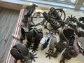 Antique Spurs and Bits Iron and Silver Inlays with Leather Straps Ring Bit
