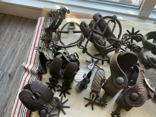 Antique Spurs and Bits Iron and Silver Inlays with Leather Straps Ring Bit