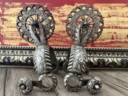 Antique Mexican Charro Forged Silver Spurs with Leather Straps